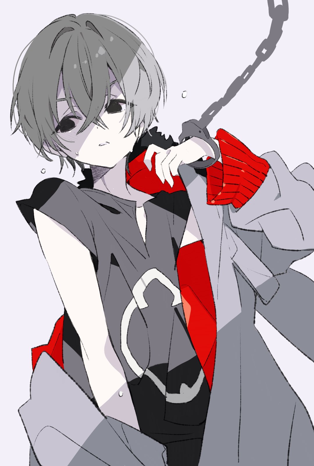 1boy, bangs, black_eyes, chain, crossed_bangs, cuffs, grey_background, grey_hair