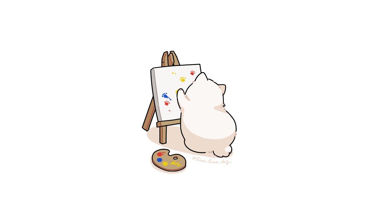animal, animal_focus, arm_up, artist_name, canvas_(object), dog, easel, facing_away
