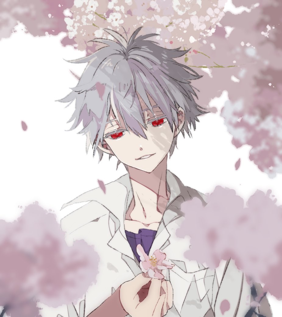 1boy, bangs, blurry, blurry_background, blurry_foreground, cherry_blossoms, collarbone, colored_eyelashes, depth_of_field, flower, grey_eyelashes, hair_between_eyes, holding, holding_flower, jacket, looking_at_viewer, male_focus, na_ta53, nagisa_kaworu, neon_genesis_evangelion, parted_lips, petals, red_eyes, shirt, smile, solo, white_hair, white_jacket