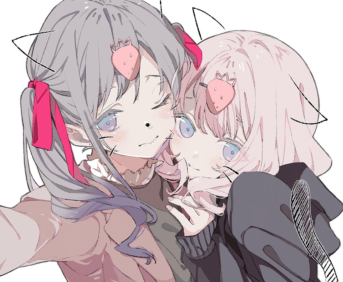 2girls, ayashiro_nanano, bangs, blue_eyes, blush, closed_mouth, drawn_ears, drawn_tail