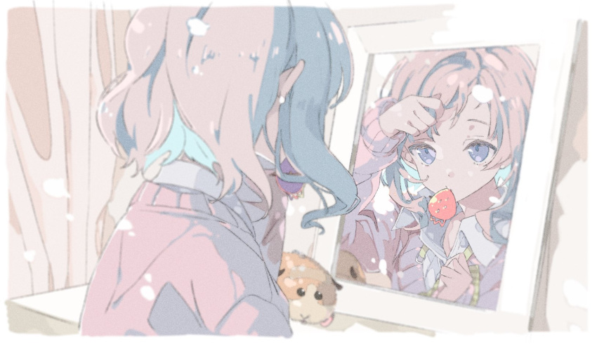 1girl, bangs, blue_eyes, bow, bowtie, dressing, food, fruit