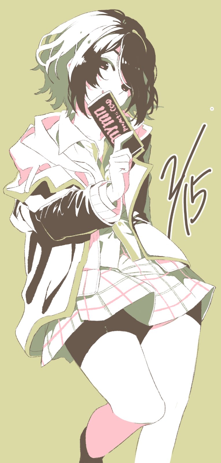 1girl, bare_legs, bike_shorts, birthday, blazer, brown_eyes, dated, highres