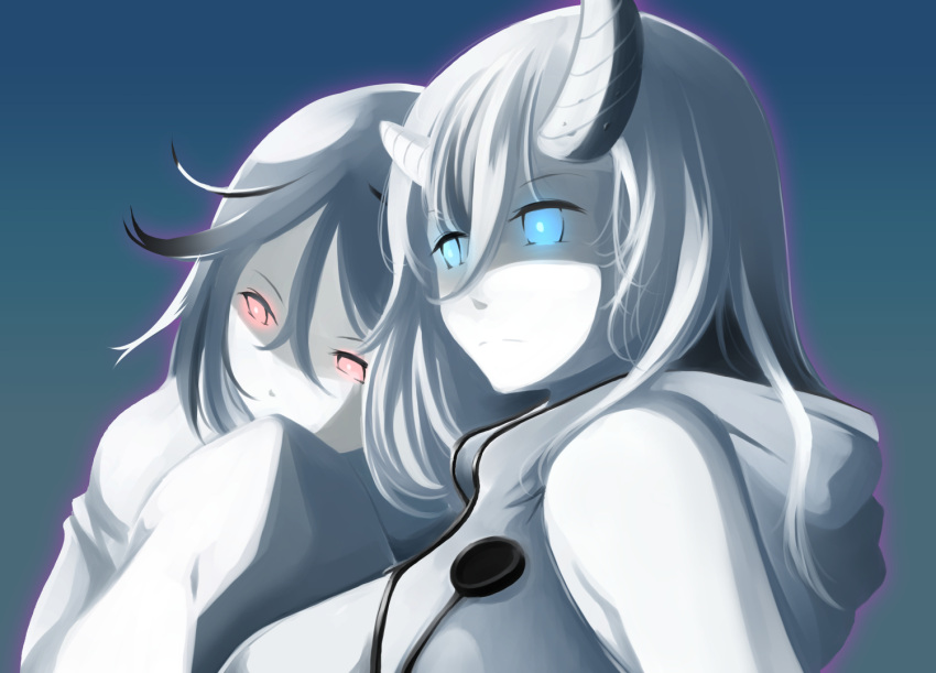 2girls, abyssal_mediterranean_princess, abyssal_ship, blue_eyes, breasts, colored_skin, glowing, glowing_eyes