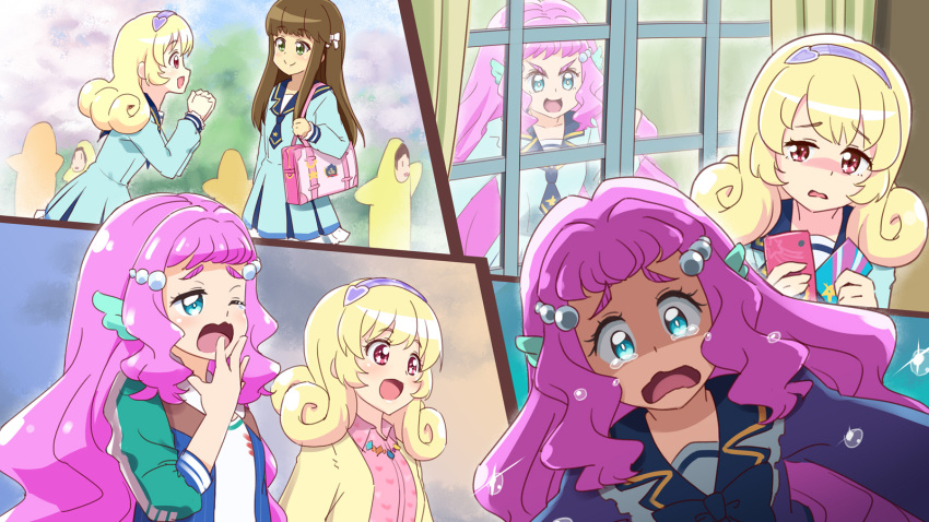 1boy, 2girls, :d, ;o, aikatsu!_(series), aikatsu_stars!, alternate_costume, bag