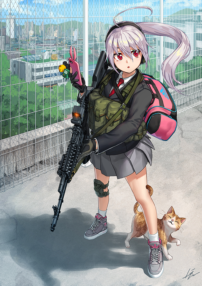 1girl, adidas, ahoge, ak-74m, animal, assault_rifle, bag, blazer