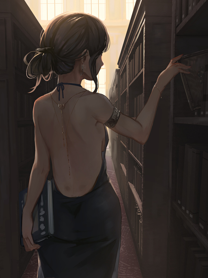 1girl, armlet, ass, back, backless_dress, backless_outfit, backlighting, bare_arms