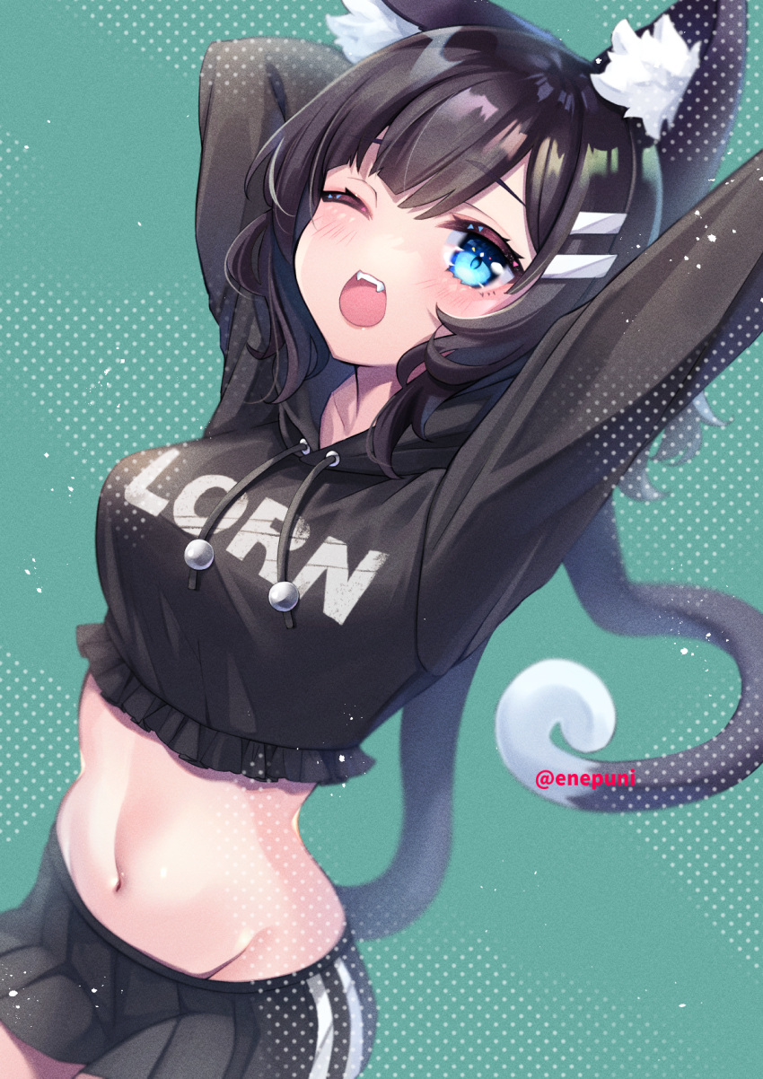 1girl, :d, animal_ear_fluff, animal_ears, aqua_background, arms_up, artist_name, bangs, black_hair, black_hoodie, blue_eyes, breasts, cat_ears, commission, copyright_request, crop_top, cropped_hoodie, eneru_(enepuni), eyebrows_visible_through_hair, hair_ornament, hairclip, heart, heart_tail, highres, hood, hoodie, long_tail, looking_at_viewer, medium_breasts, medium_hair, midriff, navel, one_eye_closed, open_mouth, skeb_commission, smile, solo, stretch, sweetheat_vr, tail, twitter_username, upper_teeth, virtual_youtuber