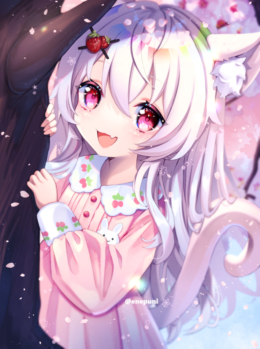 1girl, :d, animal_ear_fluff, animal_ears, artist_name, bangs, blurry, cat_ears