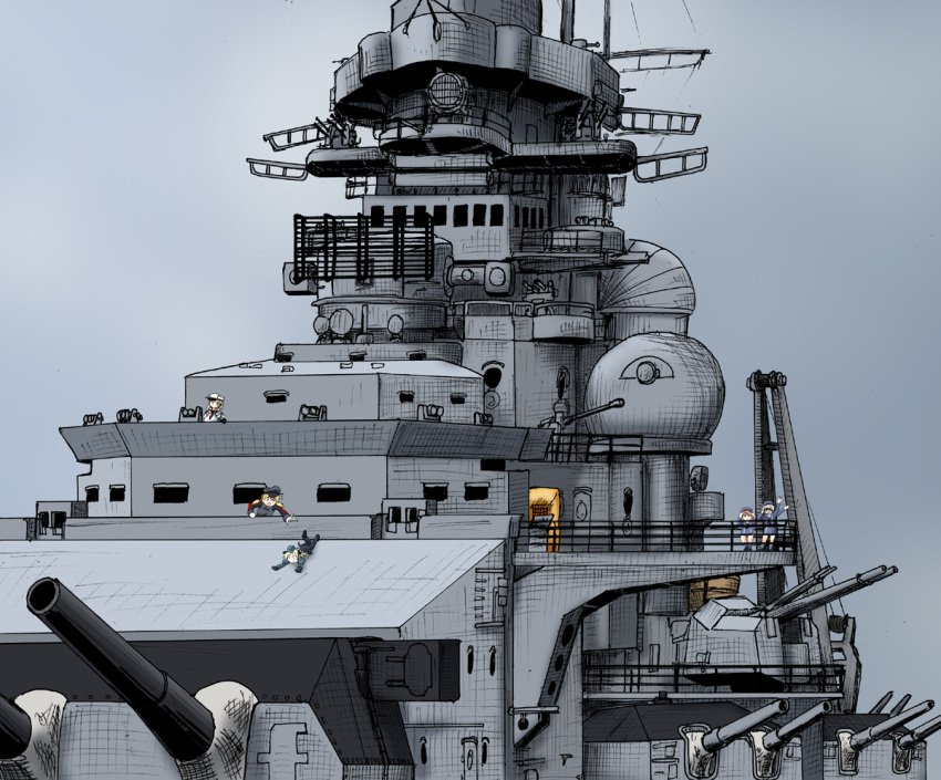 5girls, binoculars, bismarck_(battleship), black_gloves, blonde_hair, cannon, capelet, dress
