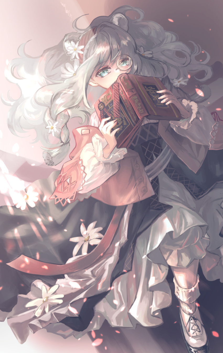 absurdres, animal_ears, aqua_eyes, aqua_hair, arknights, bear_ears, bear_girl, book