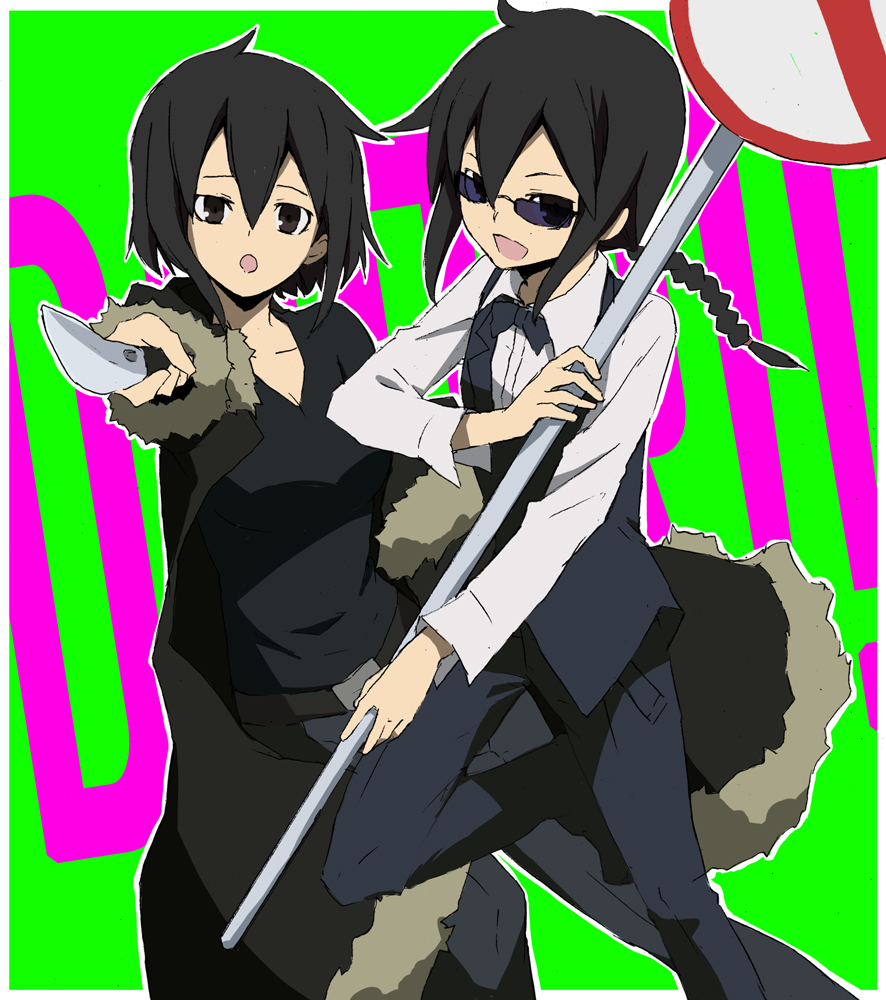 bad_id, black_hair, braid, breasts, brown_eyes, cleavage, coat, cosplay