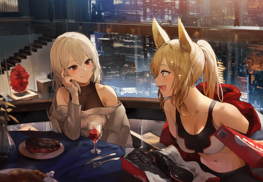 2girls, absurdres, animal_ears, blonde_hair, fox_ears, highres, kaiser_(myeonggihusband), multiple_girls, original, red_eyes, white_hair