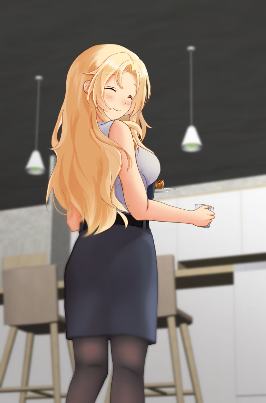 1girl, belt, black_belt, black_legwear, black_neckwear, black_skirt, blonde_hair, breasts, closed_eyes, cup, dress_shirt, grey_eyes, highres, holding, holding_cup, holding_plate, hornet_(kancolle), indoors, k1kojima, kantai_collection, large_breasts, long_hair, mug, pantyhose, pencil_skirt, plate, shirt, skirt, sleeveless, sleeveless_shirt, solo, white_shirt