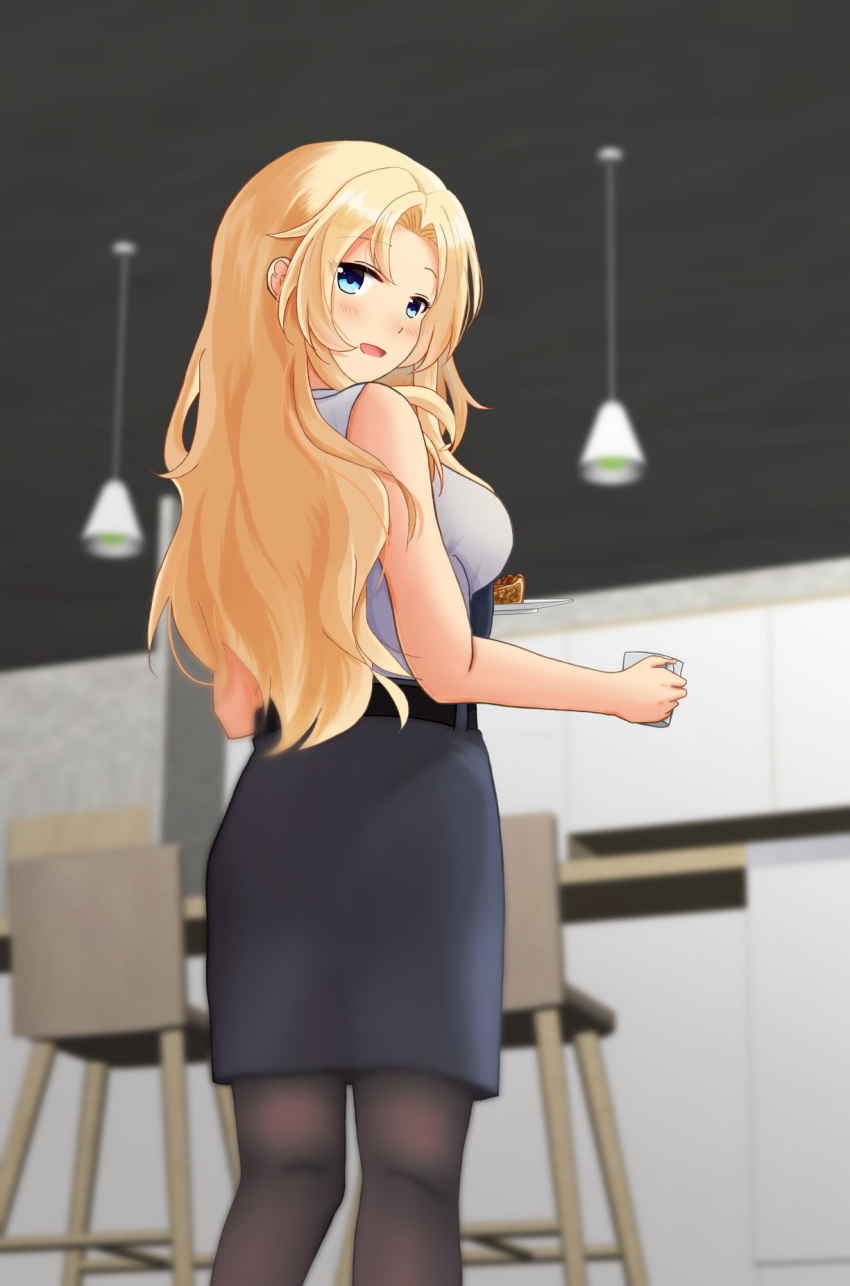 1girl, belt, black_belt, black_legwear, black_neckwear, black_skirt, blonde_hair, blue_eyes