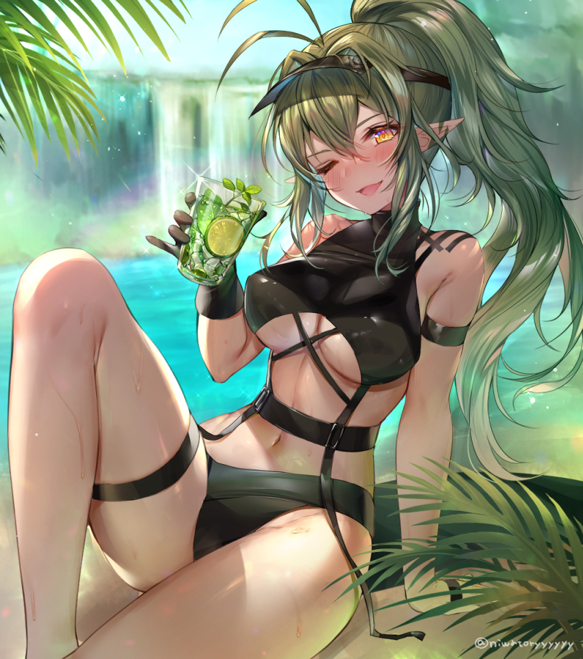 1girl, ;d, antenna_hair, arknights, arm_strap, bangs, bare_legs, bare_shoulders