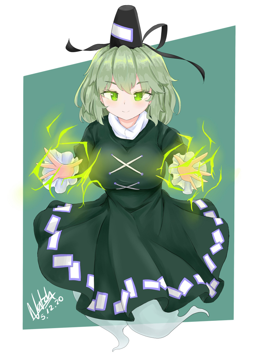 1girl, absurdres, bangs, black_headwear, border, breasts, closed_mouth, cross-laced_clothes