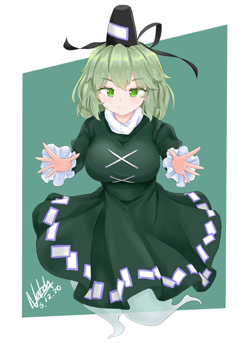 1girl, absurdres, bangs, black_headwear, border, breasts, closed_mouth, cross-laced_clothes