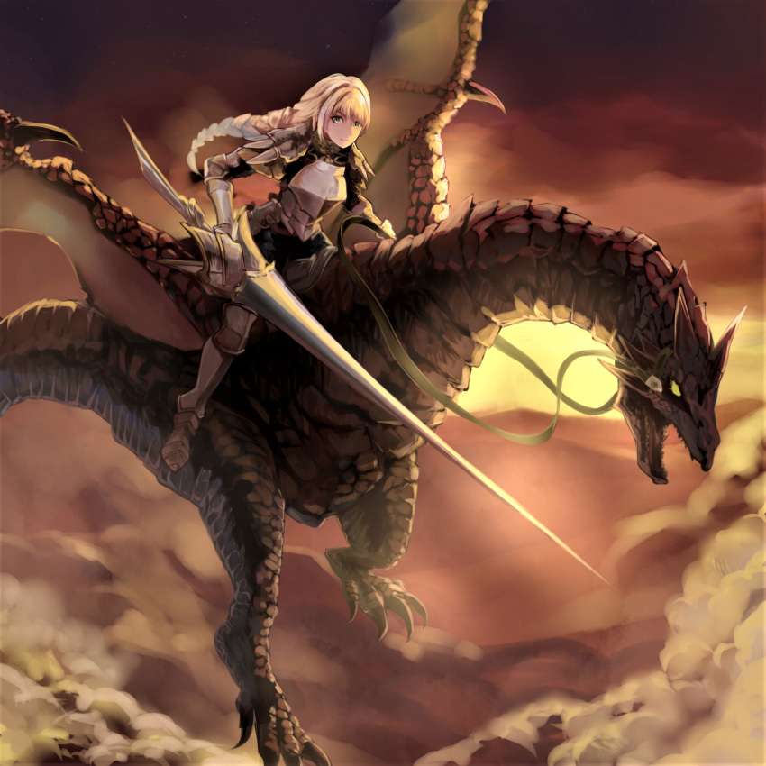 1girl, absurdres, armor, bangs, blonde_hair, breastplate, commentary_request, dragon, fire_emblem, fire_emblem:_three_houses, greaves, green_eyes, highres, holding, holding_lance, holding_polearm, holding_weapon, ingrid_brandl_galatea, lance, long_hair, looking_at_viewer, outdoors, partial_commentary, pauldrons, polearm, riding, sail_(sail-away), shoulder_armor, solo, vambraces, weapon, wyvern
