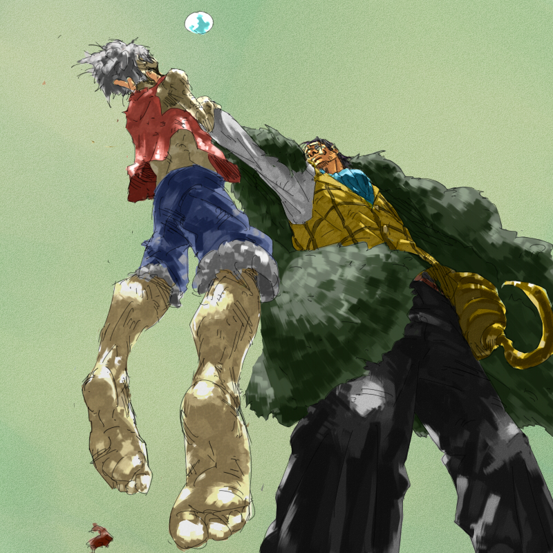 coat, dry, feet, foreshortening, hook, hook_hand, meta_gun, monkey_d_luffy, one_piece, sir_crocodile, sketch, water