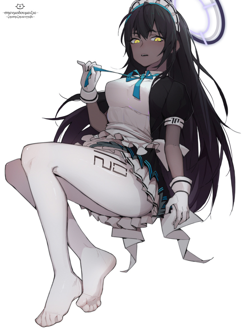 1girl, absurdres, apron, bangs, blue_archive, blue_neckwear, breasts, dark_halo, dark_skin, dark-skinned_female, gloves, halo, highres, karin_(blue_archive), lan_mao_akko, long_hair, maid, maid_headdress, medium_breasts, pantyhose, puffy_short_sleeves, puffy_sleeves, short_sleeves, simple_background, skirt, solo, white_apron, white_background, white_gloves, white_legwear, yellow_eyes