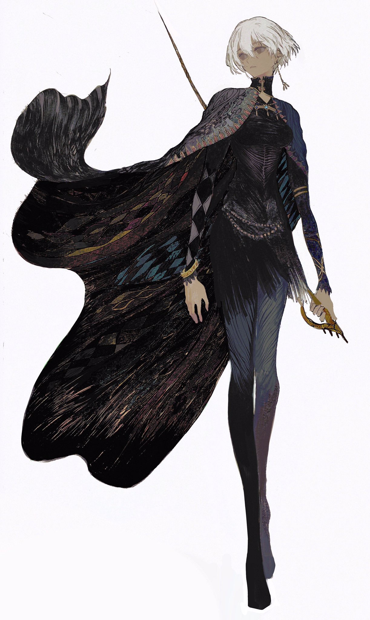 1girl, abstract, black_legwear, bob_cut, bracelet, breasts, brown_eyes, cape
