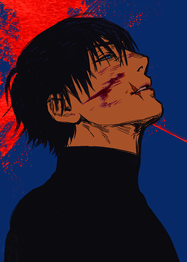 1boy, black_hair, black_shirt, blood, blood_on_face, blood_splatter, blue_background, blue_eyes
