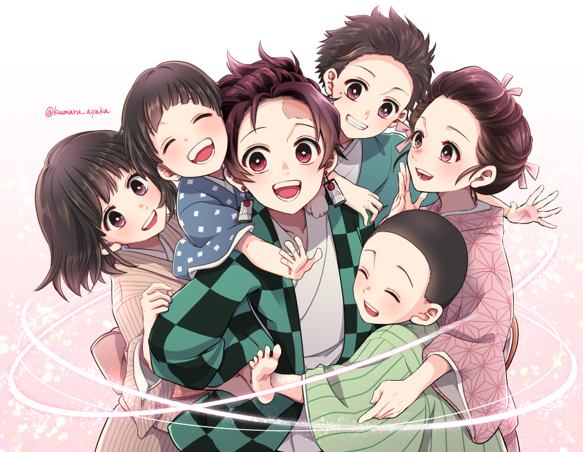 2girls, 3boys, :d, ^_^, absurdres, brown_eyes, brown_hair, carrying