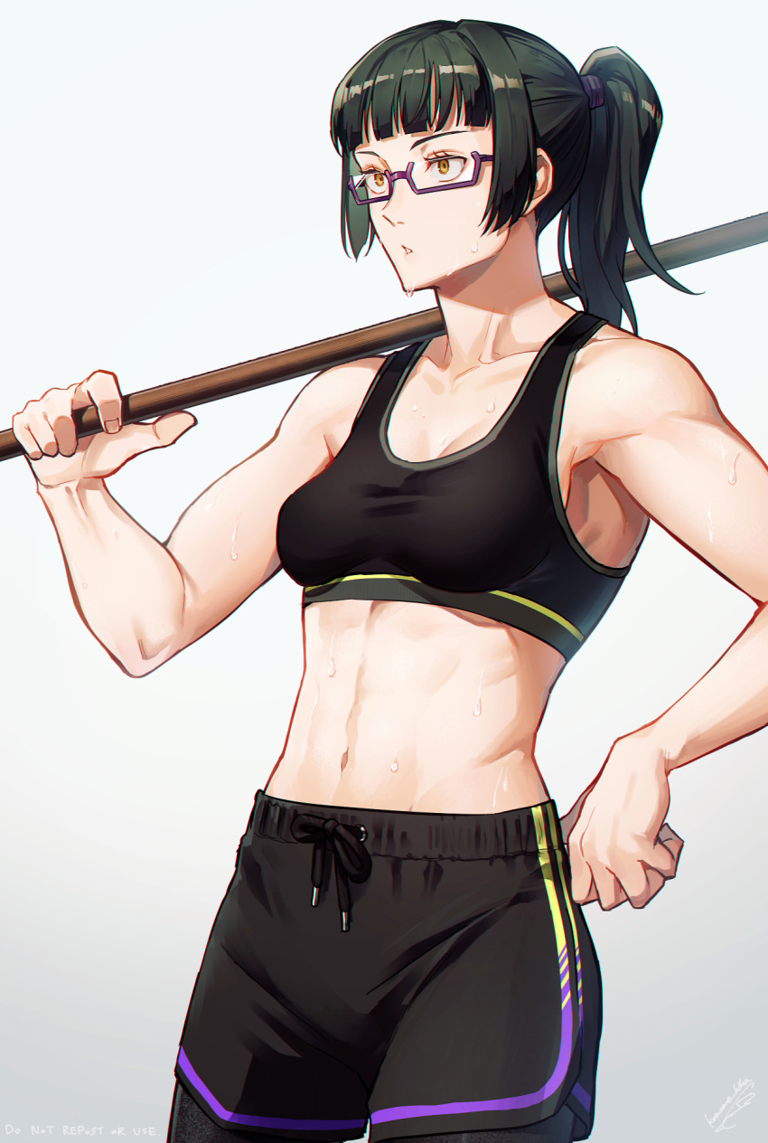 1girl, bangs, black_hair, black_legwear, black_sports_bra, glasses, highres, holding