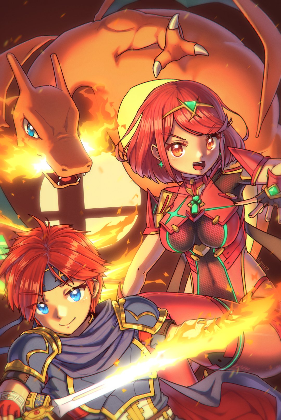 1boy, 1girl, arclumx, bangs, black_gloves, breasts, charizard, chest_jewel