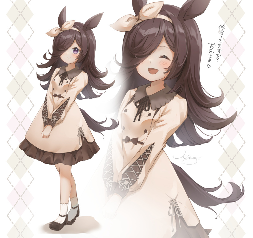 1girl, :d, ^_^, animal_ears, argyle, argyle_background, bangs, black_footwear
