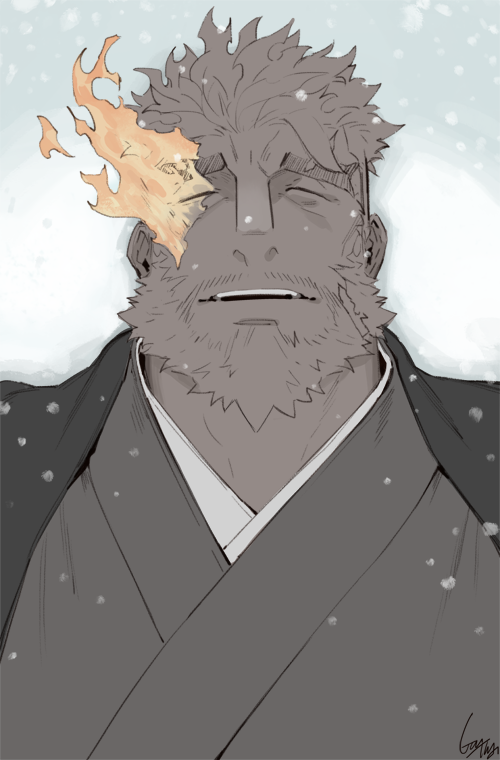 1boy, alternate_costume, beard, eyebrow_cut, facial_hair, flaming_eye, gomtang, haori