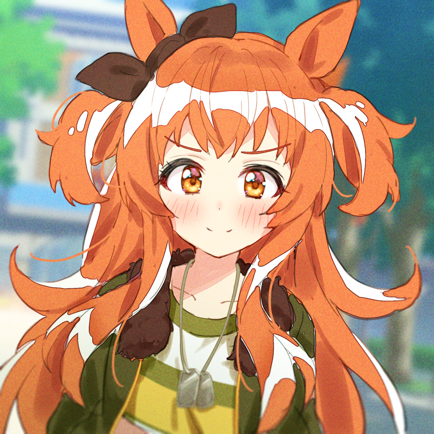1girl, animal_ears, bangs, black_ribbon, blurry, blurry_background, blush, brown_eyes