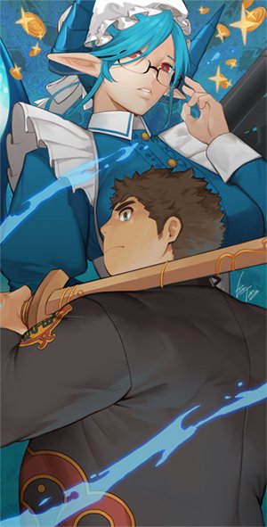 1boy, 1girl, apron, breasts, brown_hair, dragon_girl, dragon_horns, dragon_wings, dress, fat, fat_man, frilled_dress, frills, glasses, gomtang, horns, large_breasts, maid, maid_day, master_5_(tokyo_houkago_summoners), melusine_(tokyo_houkago_summoners), monster_girl, over_shoulder, pointy_ears, short_hair, sideburns, sword, sword_over_shoulder, tokyo_houkago_summoners, upper_body, water, weapon, weapon_over_shoulder, wings, wooden_sword