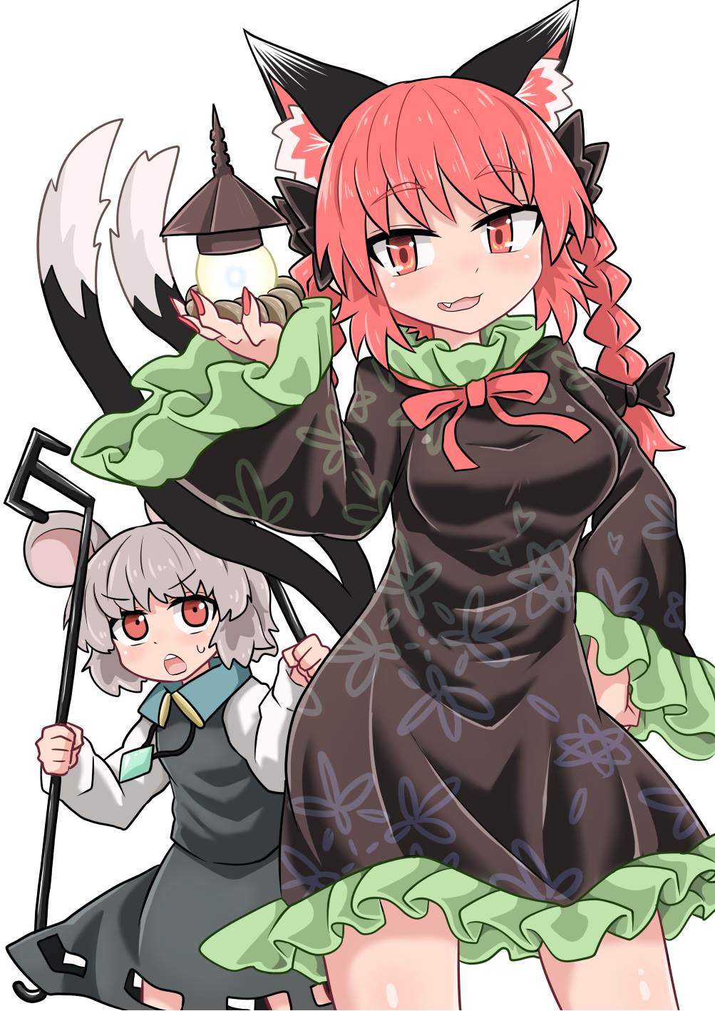 2girls, animal_ear_fluff, animal_ears, bangs, bishamonten's_pagoda, black_bow, black_dress, black_tail
