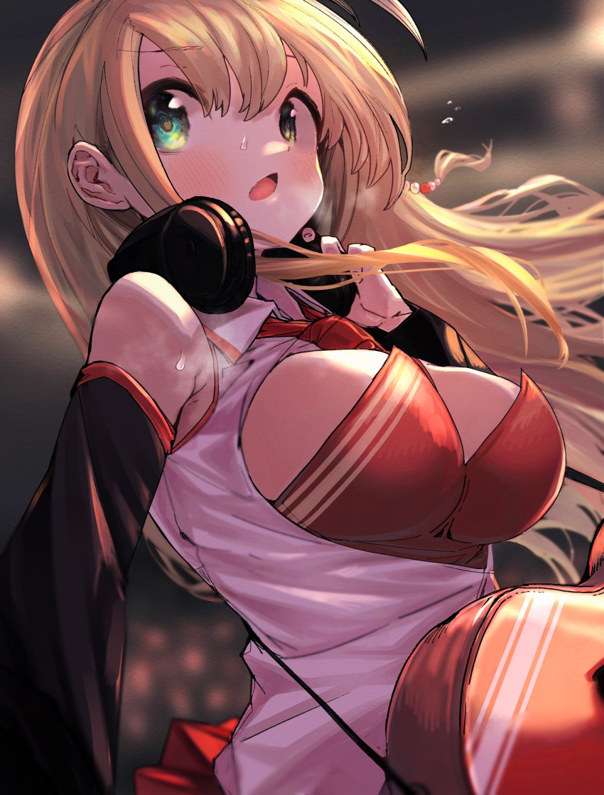 1girl, bare_shoulders, blonde_hair, blush, breasts, detached_sleeves, green_eyes, guitar