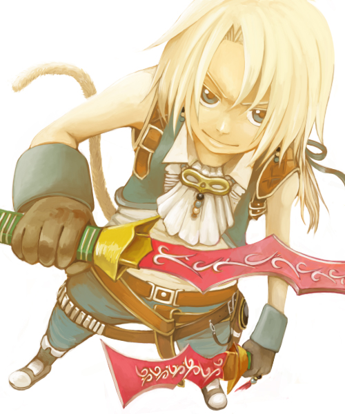 >:), artist_request, belt, blonde_hair, boots, chorogist, dagger, dissidia_final_fantasy, dual_wielding, final_fantasy, final_fantasy_ix, gloves, green_eyes, hair_ribbon, male, ponytail, ribbon, rokuta, smile, solo, tail, weapon, zidane_tribal
