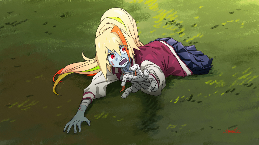 1girl, absurdres, amputee, bandaged_arm, bandages, blonde_hair, blue_skin, blue_skirt