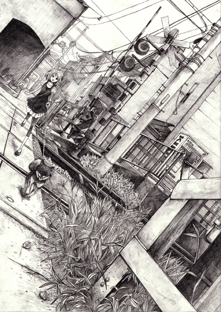artist_request, character_request, chorogist, dog_walking, dutch_angle, leash, monochrome, original