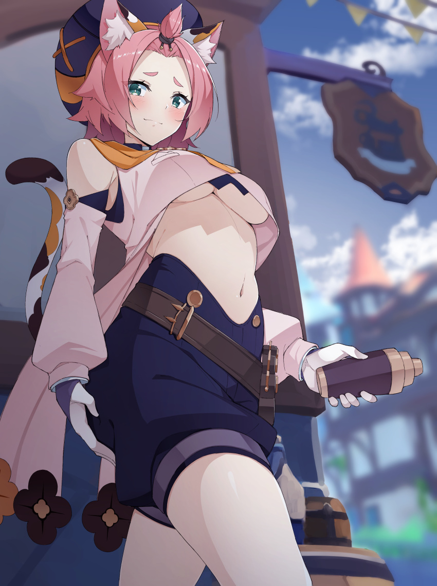 1girl, absurdres, animal_ear_fluff, animal_ears, bangs_pinned_back, beret, blue_shorts, blue_sky, blush, breasts, bridal_gauntlets, cat_ears, cat_girl, cat_tail, cocktail_shaker, crop_top, crop_top_overhang, detached_sleeves, diona_(genshin_impact), facial_mark, forehead_mark, genshin_impact, green_eyes, hat, highres, looking_at_viewer, medium_breasts, midriff, mzrz, navel, older, orange_scarf, pink_hair, pouch, puffy_sleeves, scarf, shirt, short_eyebrows, short_hair, shorts, sky, sleeveless, sleeveless_shirt, smile, tail, thighs, under_boob, white_shirt