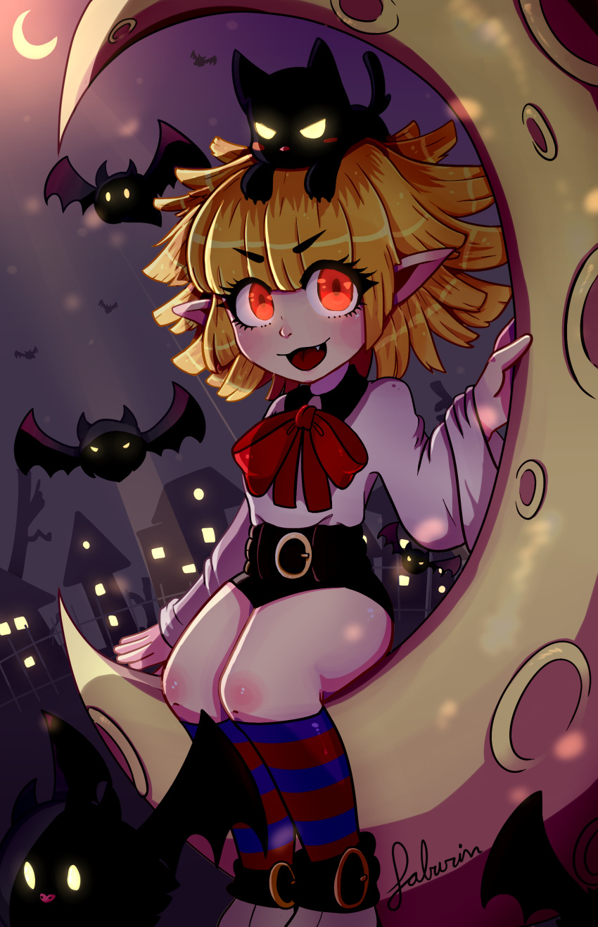 1girl, absurdres, animal_on_head, bangs, bat, black_cat, black_shorts, blonde_hair, blue_legwear, blunt_bangs, blush, cat, cat_on_head, commentary, crescent_moon, dutch_angle, english_commentary, eyebrows_visible_through_hair, eyes_visible_through_hair, faburin, fang, feet_out_of_frame, fence, highres, kneehighs, loli_ruri, looking_at_viewer, medium_hair, moon, night, on_head, outdoors, pointy_ears, ragnarok_online, red_eyes, red_legwear, red_neckwear, shirt, shoes, shorts, signature, sitting, solo, striped, striped_legwear, tongue, tongue_out, town, white_footwear, white_shirt