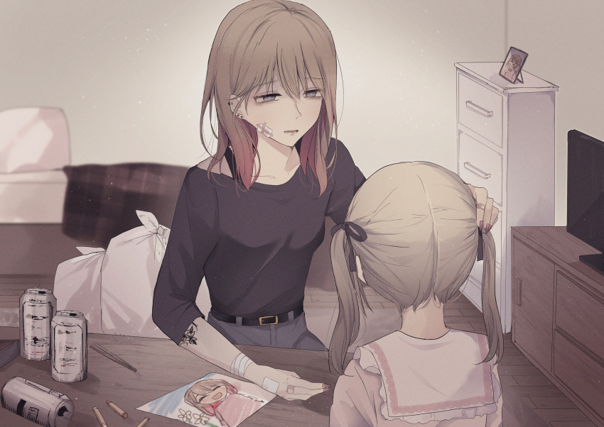 2girls, absurdres, bandaged_arm, bandages, bandaid, bandaid_on_hand, bangs, bed