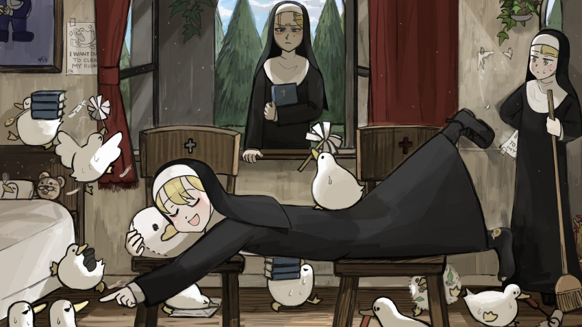 >_<, 3girls, @_@, angry, animal, animal_on_back, bed, bible, bird, black_legwear, blonde_hair, book, book_hug, book_stack, broom, carrying, catholic, chair, chicken, chili_pepper, cleaning, closed_eyes, commentary, curtains, diva_(hyxpk), duck, dust, duster, english_commentary, flower, fluffy, flying, food, food_on_head, frown, habit, hair_flower, hair_ornament, hairclip, hanging_plant, highres, holding, holding_book, holding_broom, hole_in_sock, lazy, leaf, little_nun_(diva), looking_up, lying, medal, mole, mole_under_eye, mouth_hold, multiple_girls, nose_bubble, nun, object_on_head, on_stomach, open_window, picture_frame, pillar, pillow, pillow_hug, plant, pointing, poster_(object), potted_plant, rag, roller_brush, shaded_face, shoes, single_shoe, sleeping, socks, spiral_eyes, stuffed_animal, stuffed_toy, sweat, teddy_bear, tree, u_u, vines, window, yellow_eyes