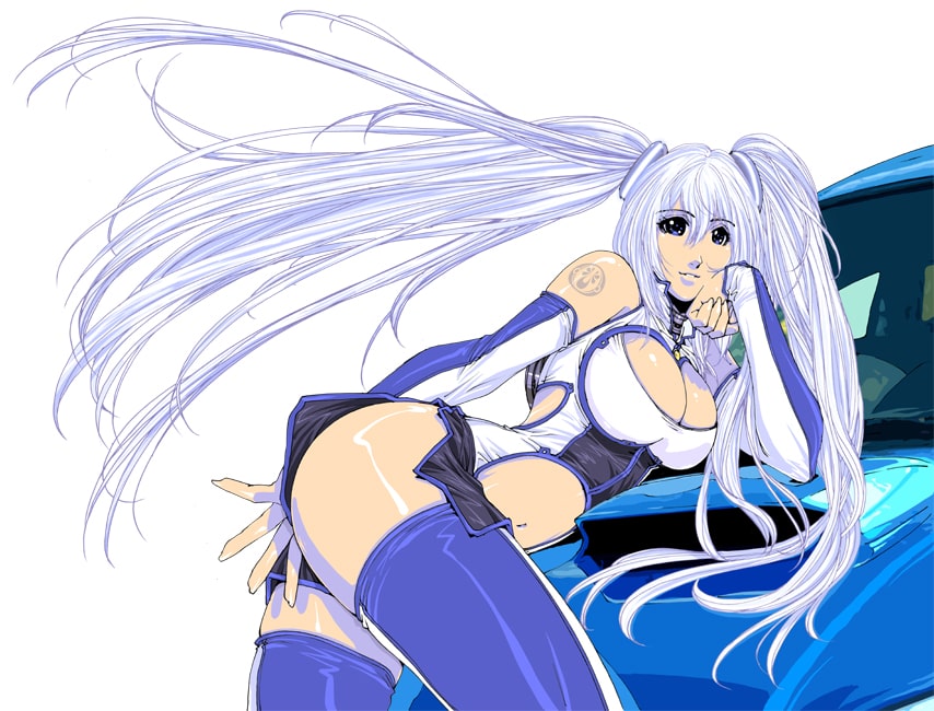 1girl, arm_tattoo, bangs, breasts, car, clenched_hand, clothing_cutout, detached_sleeves, eyebrows_visible_through_hair, floating_hair, ground_vehicle, himegami_gadget, kikuchi_michitaka, large_breasts, leaning_forward, long_hair, motor_vehicle, navel, official_art, parted_lips, silver_hair, skindentation, smile, solo, stomach_cutout, subaru_impreza, tattoo, thigh-highs, twintails
