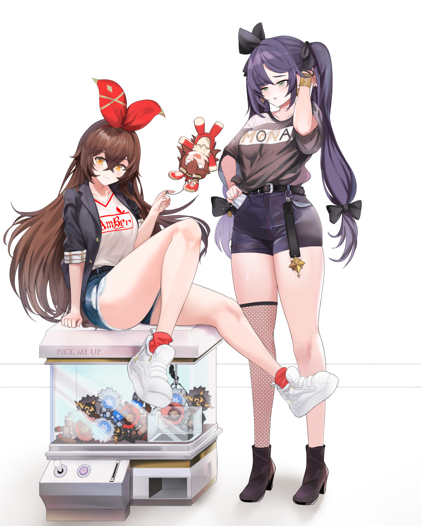 3girls, absurdres, amber_(genshin_impact), arm_up, baron_bunny_(genshin_impact), belt, blazer, blouse