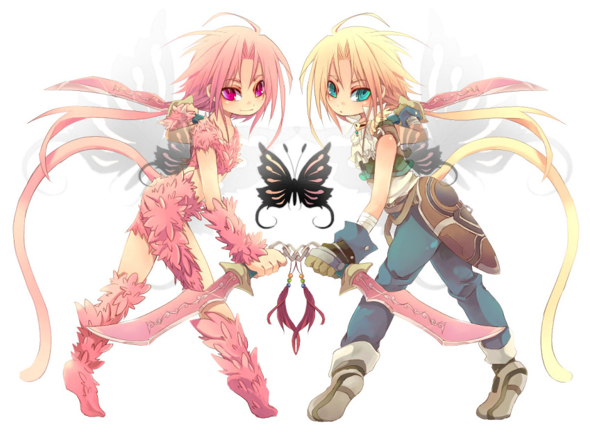 1boy, blonde_hair, blue_eyes, butterfly, dagger, dissidia_final_fantasy, dual_persona, dual_wielding, final_fantasy, final_fantasy_ix, fur, gloves, inumimi-syndrome, long_hair, male, pink_eyes, pink_hair, ponytail, tail, tiptoes, trance_zidane_tribal, weapon, zidane_tribal