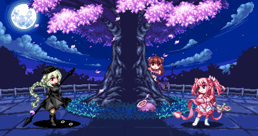 3girls, arms_behind_back, behind_tree, black_dress, black_headwear, blue_eyes, blue_sky, boots