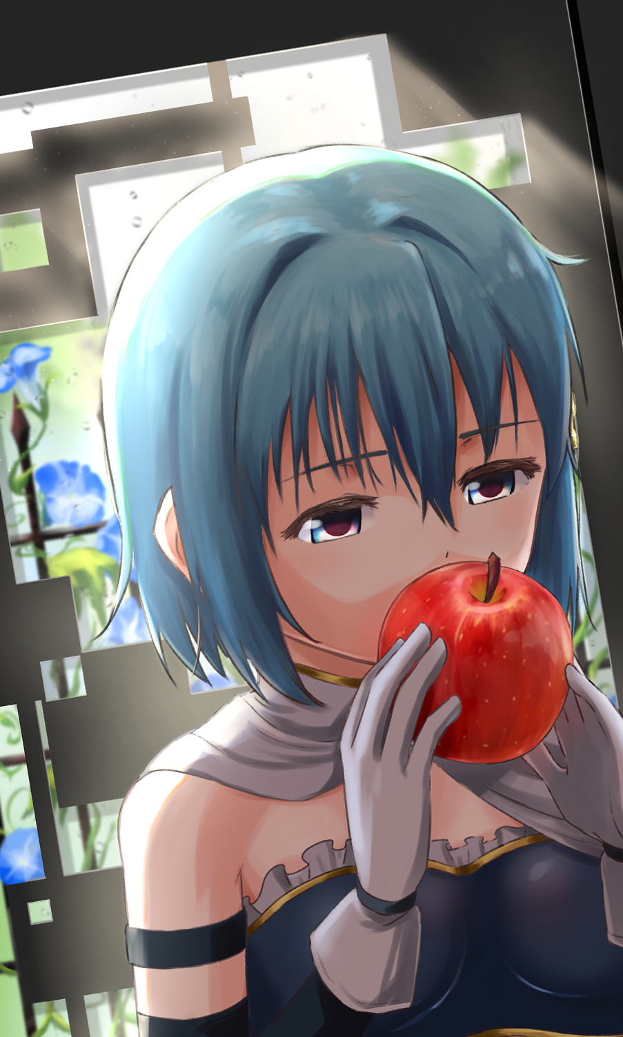 1girl, apple, blue_eyes, blue_hair, cape, food, fruit, gloves
