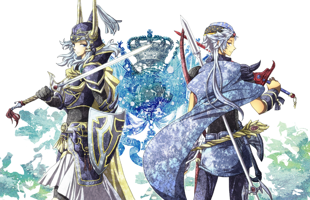 armor, artist_request, axe, bandana, bow_(weapon), cape, crown, dissidia_final_fantasy, final_fantasy, final_fantasy_i, final_fantasy_ii, frioniel, horns, jiscald, looking_back, mace, male, multiple_boys, polearm, ponytail, shield, smile, soritari, spear, sword, warrior_of_light, weapon, white_hair