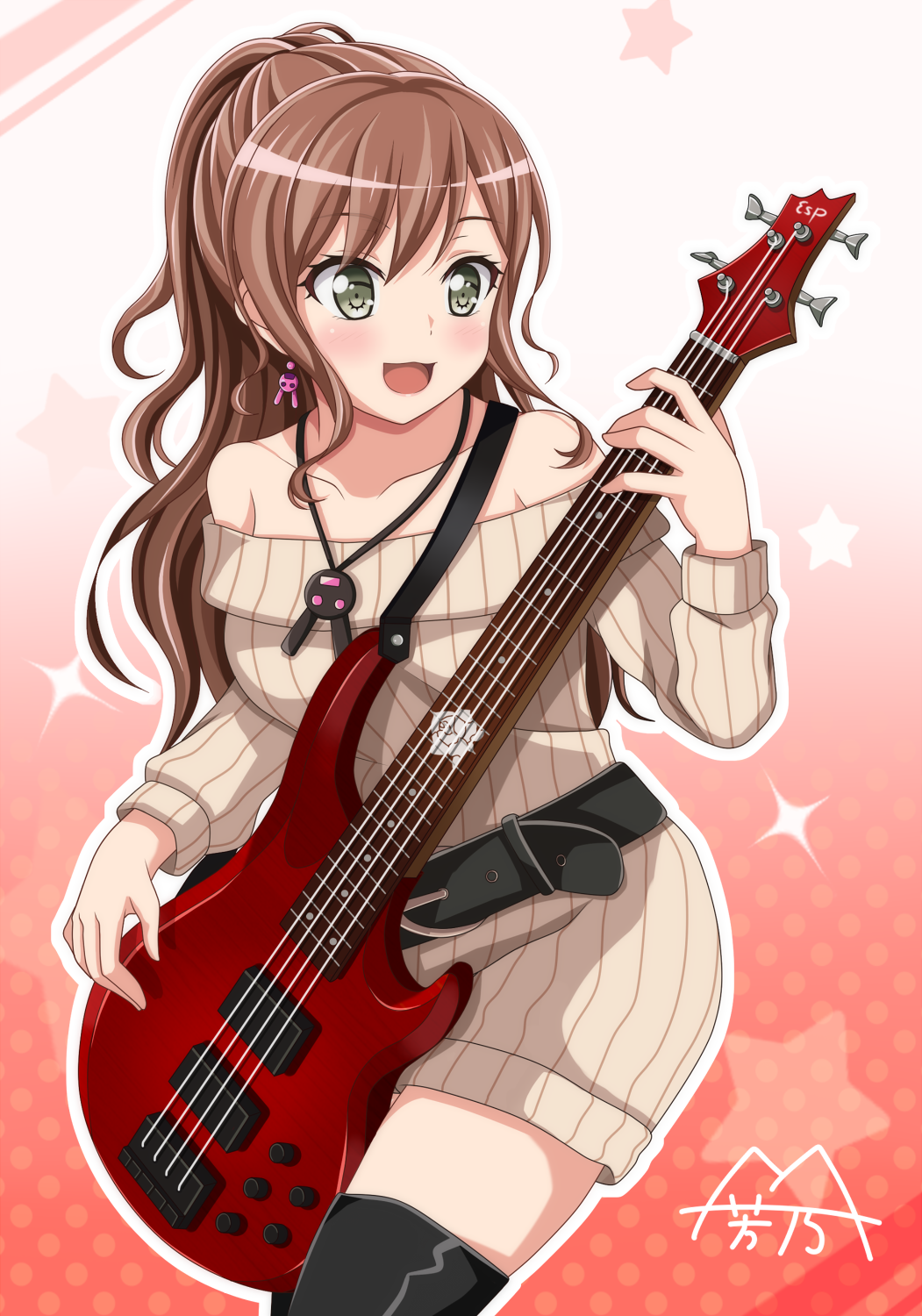 1girl, :d, bang_dream!, bangs, bare_shoulders, bass_guitar, beige_dress, belt, black_belt, black_footwear, blush, boots, brown_hair, bunny_earrings, collarbone, commentary_request, cowboy_shot, dress, earrings, esp_guitars, eyebrows_visible_through_hair, gradient, gradient_background, green_eyes, hair_between_eyes, half_updo, highres, imai_lisa, instrument, jewelry, long_hair, long_sleeves, medium_hair, music, off-shoulder_dress, off_shoulder, official_style, open_mouth, partial_commentary, playing_instrument, polka_dot, polka_dot_background, red_background, ribbed_dress, sidelocks, signature, smile, solo, sparkle, standing, starry_background, thigh-highs, thigh_boots, yoshino_yamato, zettai_ryouiki