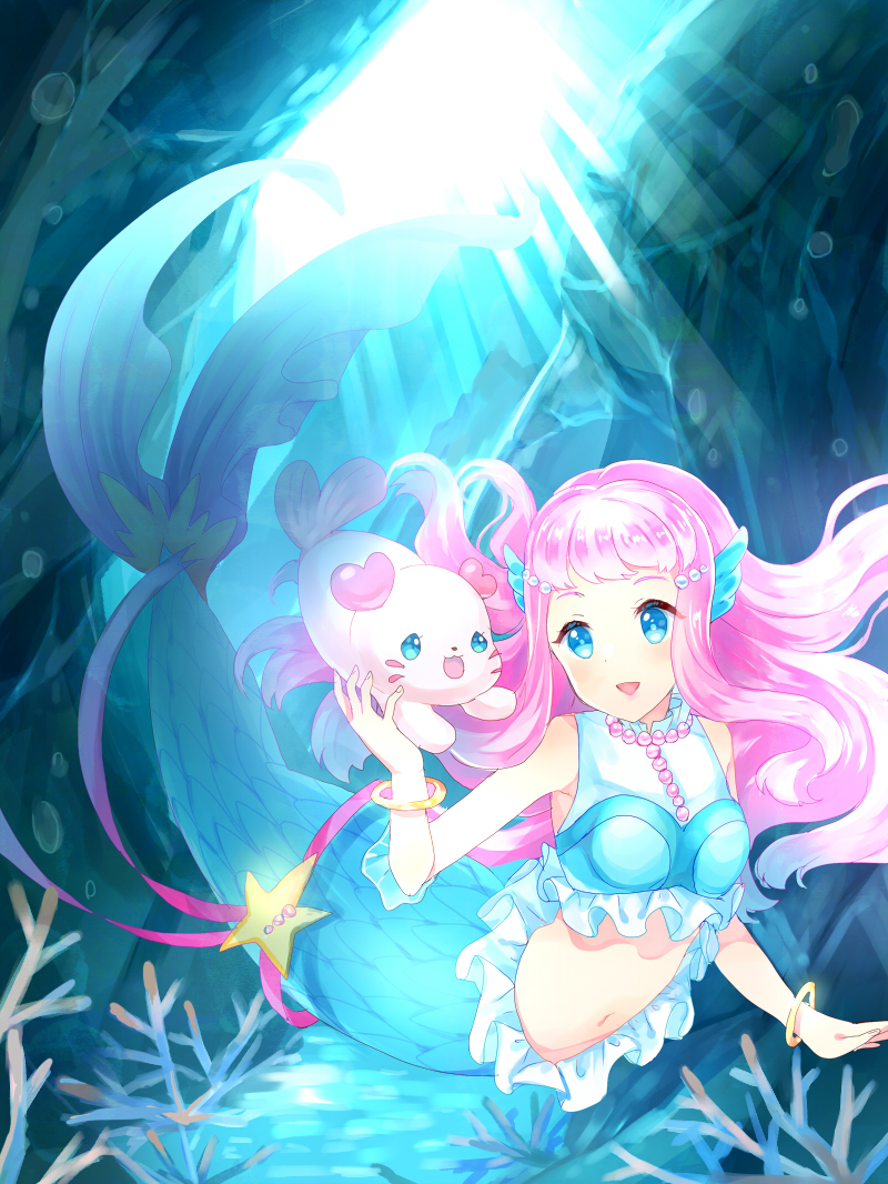 1girl, 1other, :d, air_bubble, bare_shoulders, blue_eyes, blush, bracelet